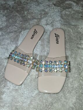 Liana Nude Embellished Crystal Slide Sandals